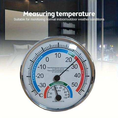Portable Thermo Hygrometer With Handy Wide Temperature Range From Minus Thirty To Fifty Celsius And Humidity From Twenty To One Hundred Percent Easy Read Round Dial With Color Indicator Wall Mount Or Free Standing Indoor Outdoor No Electric, silver round dial
