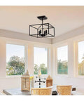 Vintage Industrial 4 Light Semi Flush Mount Ceiling Lantern In Matte Black For Foyer Living Room And Dining Room, Hardwired UL Listed Iron Frame, E12 Socket Bulbs Not Included, 110 to 240V Ready, Assembly Required.
