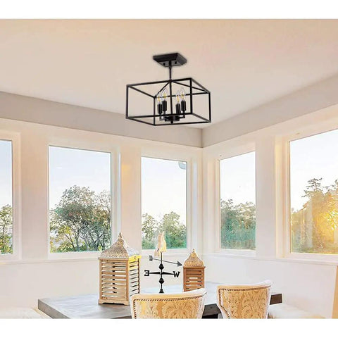 Vintage Industrial 4 Light Semi Flush Mount Ceiling Lantern In Matte Black For Foyer Living Room And Dining Room, Hardwired UL Listed Iron Frame, E12 Socket Bulbs Not Included, 110 to 240V Ready, Assembly Required.