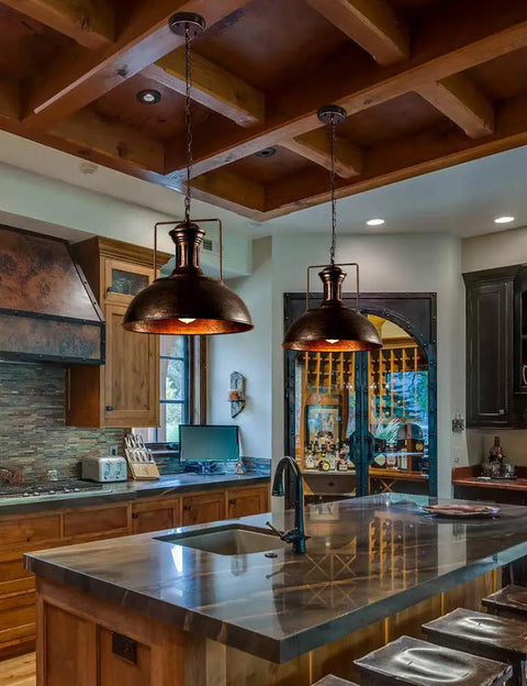 Industrial Dome Pendant Light Fixture for Kitchen Island and Dining Room, rustic bronze metal barn ceiling light over kitchen island