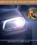 Heavy Duty 2 Pack H4 9003 HB2 Female Pigtail Socket Wiring Harness Ceramic Headlight Connector Adapter close-up on car light.