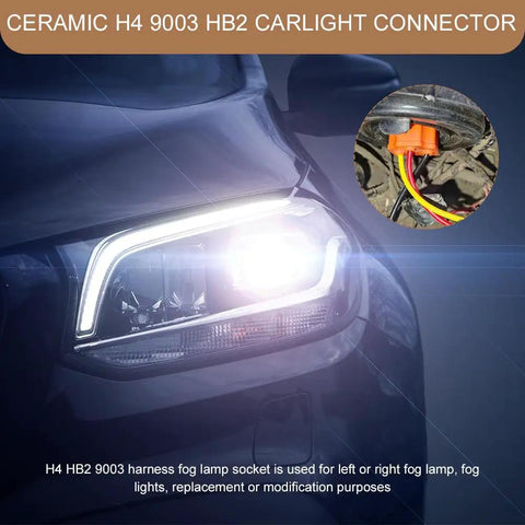Heavy Duty 2 Pack H4 9003 HB2 Female Pigtail Socket Wiring Harness Ceramic Headlight Connector Adapter close-up on car light.