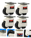 Built Tough Four Piece Heavy Duty Swivel Casters With Height Adjustable Leveling Brackets And Grip Tight Nylon Rollers For Garage Workbenches And Shop Tool Storage close-up view of white swivel casters with nylon wheels