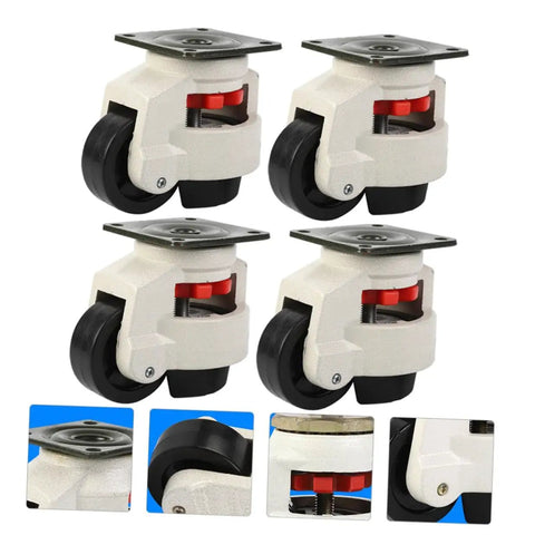 Built Tough Four Piece Heavy Duty Swivel Casters With Height Adjustable Leveling Brackets And Grip Tight Nylon Rollers For Garage Workbenches And Shop Tool Storage close-up view of white swivel casters with nylon wheels