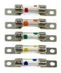 Tough Setup High Voltage Dc Fuse For Electric Cars Rated At Dc450V And 40 Amps five fuses of varying amperages with metal clips.