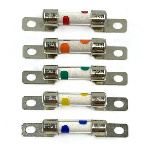 Rock Solid DC 450V Electric Car Fuse 50 Amp High Voltage Circuit Breaker for EV, clear housing with colored indicators.