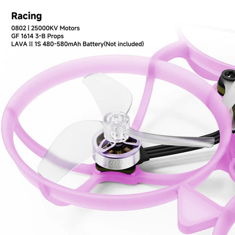 Close-up of Ultra Light Brushless Whoop Quadcopter with 1614 3-B Prop and 0802 28000KV Motor for FPV Racing.