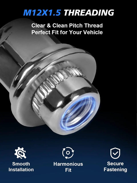 Close-up of M12x1.5 Chrome Acorn Lug Nut with threading detail for secure fit on Toyota models, promoting smooth installation.