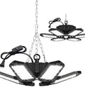 Two Pack 160W 16000LM Daylight LED Garage Light With Plug Linkable Ceiling Garage Lights Six Adjustable Panels For Garage Basement Workshop Built In On Off Switch, shown hanging with adjustable panels.