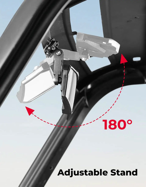 Upgraded Top Heavy Duty Magnetic Rear View Side Mirror With Wide Angle Hd Convex Lens For Golf Carts Forklifts And Utv Rides Featuring Secure Clip Mount. Adjustable stand shown.