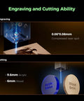 Creality Falcon A1 laser engraver, front view with blue laser engraving wood; 0.06*0.08 mm spot.