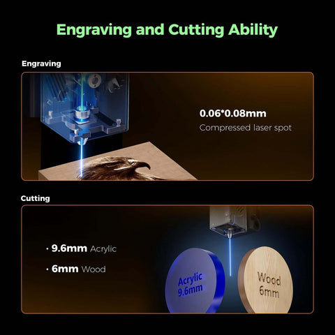 Creality Falcon A1 laser engraver, front view with blue laser engraving wood; 0.06*0.08 mm spot.