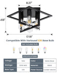 4 Light Industrial Ceiling Light in Matte Black with Open Frame Cage Design, dimensions and bulb compatibility shown