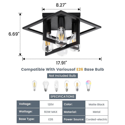 4 Light Industrial Ceiling Light in Matte Black with Open Frame Cage Design, dimensions and bulb compatibility shown