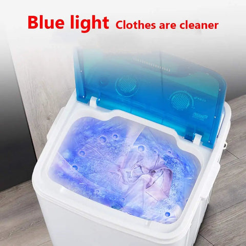Compact Portable Washer Machine With Timer Dial Single Tub Laundry Cycle Built For Apartments Rv Dorms Easy Spin Dry 6kg Capacity Lightweight Red Shell showing blue light and washing clothes.