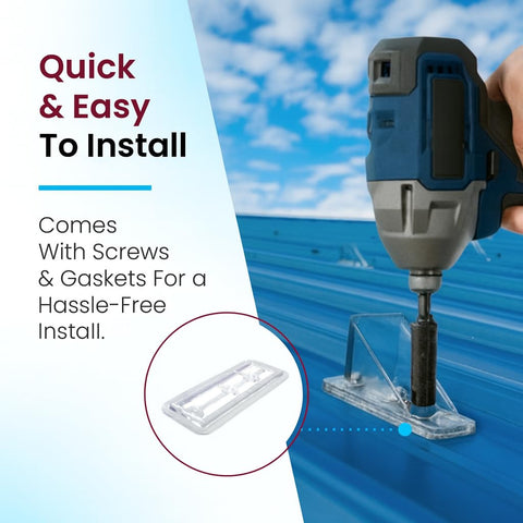 50 Pack Built Tough Snow Guards For Metal Roofs With Perfect Seal Gaskets And Mounting Screws Industrial Polycarbonate Stops being installed with a drill.