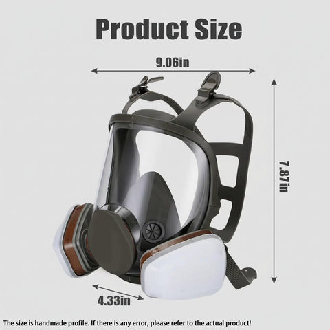 Pro Grade Full Face Respirator Mask With Replaceable Filters And 10 Spare Dust Pads shown with dimensions