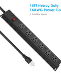 Heavy Duty Wall Mount Power Strip With Six Wide Spaced Outlets And A Fifteen Foot 14 Gauge Power Cord Aluminum Alloy Mount Socket With Switch 15A 125V 1875W Built For Home Office And Workshop Use