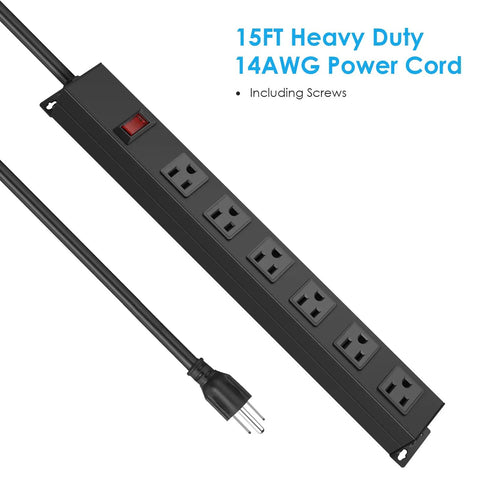 Heavy Duty Wall Mount Power Strip With Six Wide Spaced Outlets And A Fifteen Foot 14 Gauge Power Cord Aluminum Alloy Mount Socket With Switch 15A 125V 1875W Built For Home Office And Workshop Use