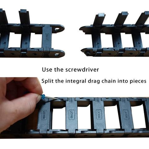 Two Piece Open Type Drag Chain Cable Carrier For CNC Router Mill And 3D Printer 39.3 Inch Length Black Nylon PA66 close-up with screwdriver
