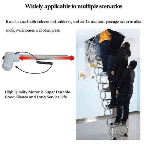 Heavy Duty Electric Telescoping Attic Ladder Pull Down From Ceiling With Remote Control in use with multiple users climbing.
