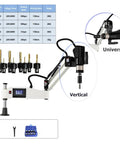 Electric Vertical Button Tapping Machine With CNC Servo Threading, Automatic Chuck, shown with multiple tap sizes and details