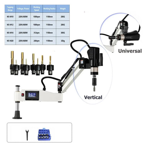 Electric Vertical Button Tapping Machine With CNC Servo Threading, Automatic Chuck, shown with multiple tap sizes and details