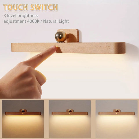 Wooden Vanity Light Bar With 360 Degree Magnetic Rotatable Led USB Rechargeable And Battery Powered Dimmable Warm White Lighting