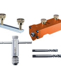 Effortless Aluminum Extrusion Drill Jig For Straight Up Precision Tapping And Metal Projects Quick Setup With Universal Fit and zero extra hardware. Image shows orange jig, clamps, and drill bits.