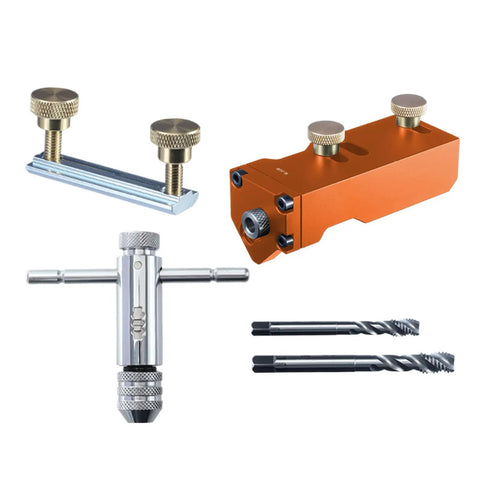 Effortless Aluminum Extrusion Drill Jig For Straight Up Precision Tapping And Metal Projects Quick Setup With Universal Fit and zero extra hardware. Image shows orange jig, clamps, and drill bits.