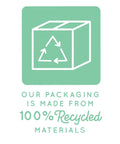 Image of packaging icon with recycling symbol and "Our Packaging is Made from 100% Recycled Materials" text in green.