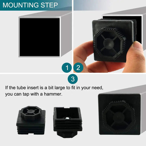 Adjustable Leveling Feet Kit For 2 By 2 Inch Square Tubes And Desk Legs Furniture Glide Levelers installation steps shown.