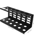 Heavy Duty Wall Mount Caulk Tube Holder Rack Holds Eleven Adhesive Cartridges Upright Locks Secure in black metal design.