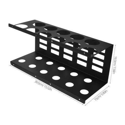 Heavy Duty Wall Mount Caulk Tube Holder Rack Holds Eleven Adhesive Cartridges Upright Locks Secure in black metal design.