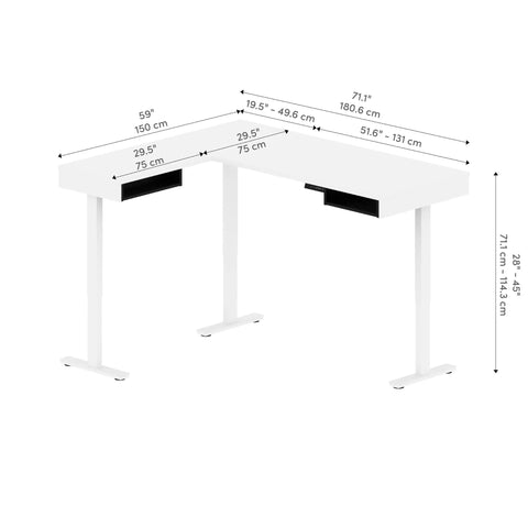 Badass L Shape Standing Desk With Smooth Height Adjustment 72 Inch Wide White And Black Office Workstation showcasing dimensions and design.