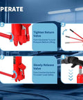 Red 8-ton long-ram hydraulic jack with clevis base and air pump.