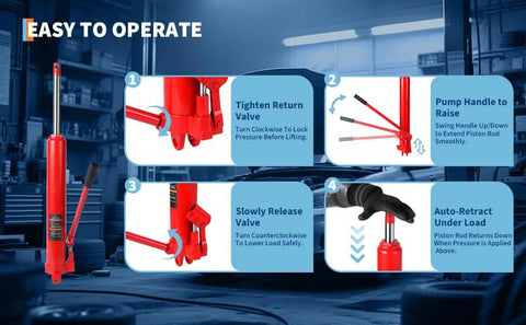 Red 8-ton long-ram hydraulic jack with clevis base and air pump.