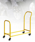 Heavy Duty Tire Storage Rack Featuring Four Smooth Swivel Casters Built To Grip Car Or Bike Tires Securely While Keeping Your Garage Setup Mess Free And Totally Slick, yellow steel frame, open design angle.