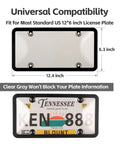 Two Pack Clear License Plate Frame And Protector Set For Front And Rear ABS Car Plate Covers With Screws Caps Fits Any Standard US Plates Weatherproof Anti Theft Compatible, showcasing dimensions and gray clear cover.