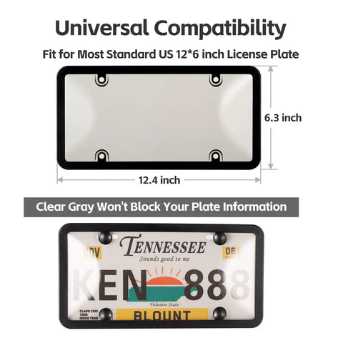 Two Pack Clear License Plate Frame And Protector Set For Front And Rear ABS Car Plate Covers With Screws Caps Fits Any Standard US Plates Weatherproof Anti Theft Compatible, showcasing dimensions and gray clear cover.