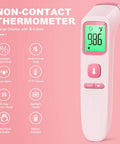 No-Touch Forehead Thermometer For Quick Temps In Adults Kids And Babies, 1 Sec Fast Accurate Reading With Noncontact Infrared Tech, Backlit Display, Fever Alert, Pink Design That's Kid-Friendly And Easy To Use. Pink infrared forehead thermometer with digital backlit screen