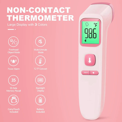 No-Touch Forehead Thermometer For Quick Temps In Adults Kids And Babies, 1 Sec Fast Accurate Reading With Noncontact Infrared Tech, Backlit Display, Fever Alert, Pink Design That's Kid-Friendly And Easy To Use. Pink infrared forehead thermometer with digital backlit screen
