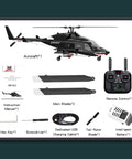 Indoor RC Copter For Adults With GPS 2.4GHz 9CH Flybarless Stability package showing helicopter, remote, blades, accessories