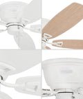 52 Inch Classic Flush Mount Indoor Ceiling Fan With No Light And Pull Chain, Quick 2 Hang Installation, Reversible Motor, Dual Finish White And Maple Blades, Durable Brushed Nickel Look, close-up of white base and maple blade