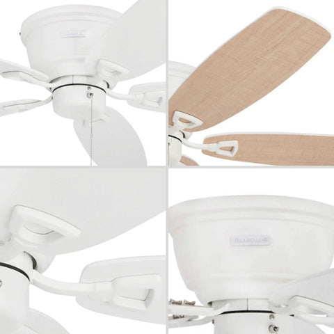 52 Inch Classic Flush Mount Indoor Ceiling Fan With No Light And Pull Chain, Quick 2 Hang Installation, Reversible Motor, Dual Finish White And Maple Blades, Durable Brushed Nickel Look, close-up of white base and maple blade