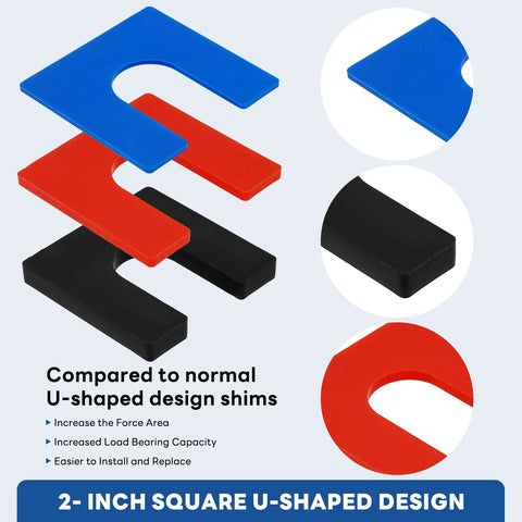 60-Piece Auto Lift Leveling Shim Kit For 2-Post And 4-Post Lifts with blue, red, and black U-shaped shims