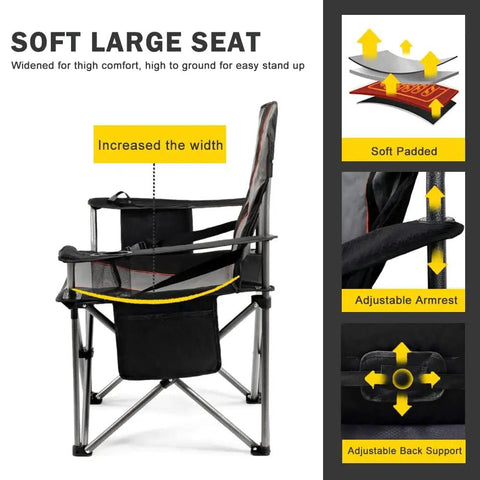 Side view of Two Pack Oversized Padded Camping Chairs With 25.2 Inch Extra Wide Seat And Adjustable Lumbar Support, highlighting features.