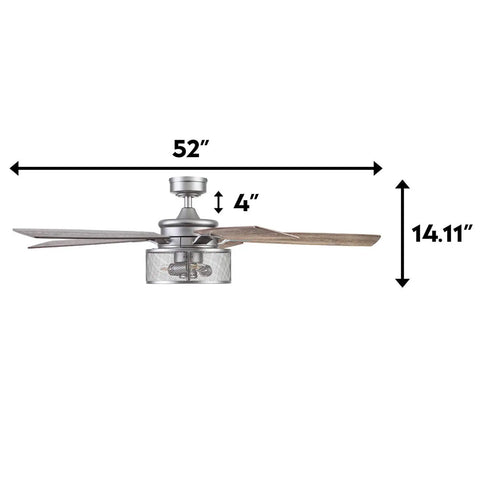 Carnegie 52 Inch Industrial Style Indoor Led Ceiling Fan With Light Remote Control showcasing dimensions and dual finish blades