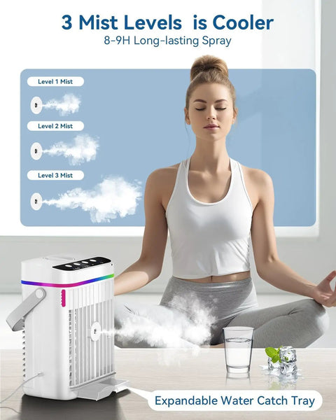 Woman meditating near Compact 4-In-1 Mini Air Conditioner with Ice Water Cooling, visible mist levels illustrated.