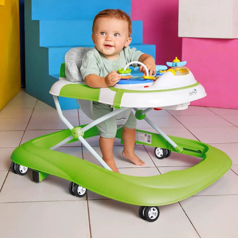 Baby using a walker with green frame and swivel wheels, showcasing 4 pcs baby walker wheel replacement casters with 0.3 inch mounting hole.